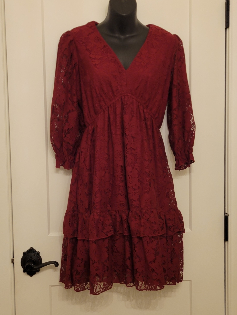 Julian Taylor Burgundy Lace V-Neck Tiered Dress